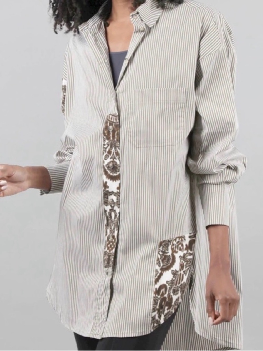 Alembika Arabesque Pinstripe Tunic Shirt Brown/Cream Oversized Sz Medium Cotton